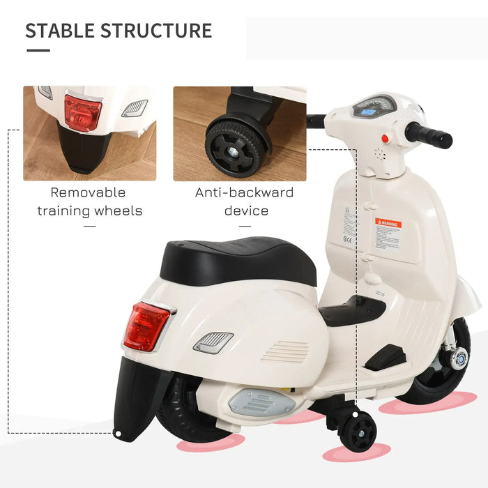 White kids' electric Vespa ride-on motorcycle with training wheels and anti-backward device