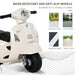 White Vespa kids electric ride-on motorcycle with training wheels, suitable for cement, brick, asphalt, and wood floors.