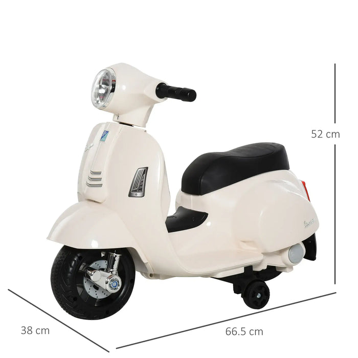 White kids Vespa electric ride-on motorcycle with training wheels and size dimensions