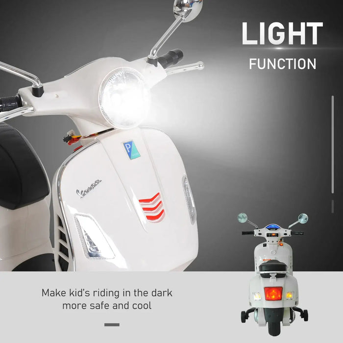 White kids electric ride-on scooter with bright front and rear lights for safe night riding