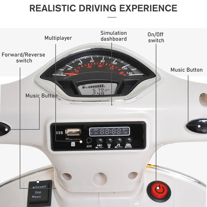 Close-up of toy vehicle dashboard with simulation speedometer, USB port, forward/reverse switch, music buttons, and power switch