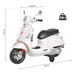 White Vespa-style scooter with black seat, training wheels, and dimensions 102x75.5x50.5cm, 30kg