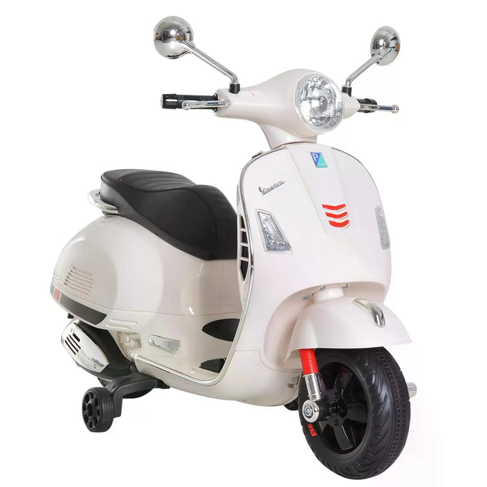 White Vespa-style kids electric scooter with black seat and training wheels on white background