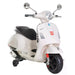 White Vespa-style kids electric scooter with black seat and training wheels on white background