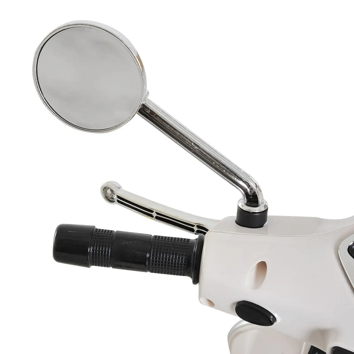 Black handlebar grip, chrome rearview mirror, and brake lever on white scooter handle