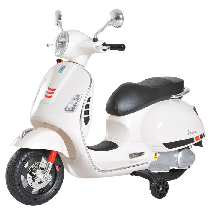White Vespa scooter with black leather seat, chrome mirrors, and front red suspension detail