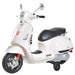 White Vespa scooter with black leather seat, chrome mirrors, and front red suspension detail