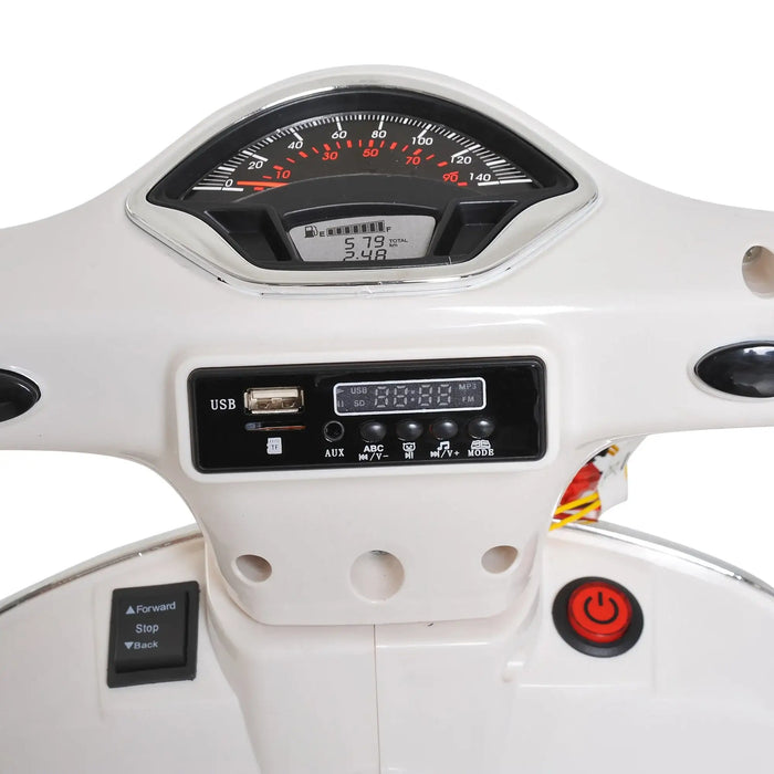 Electric scooter dashboard with speedometer, digital display, USB port, AUX, music controls, and power button