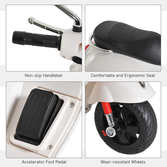 Close-up views of scooter features including non-slip handlebar, ergonomic seat, accelerator pedal, and wear-resistant wheels