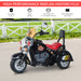 Black 3-wheel kids' electric ride-on motorbike with red seat, outdoors on pavement