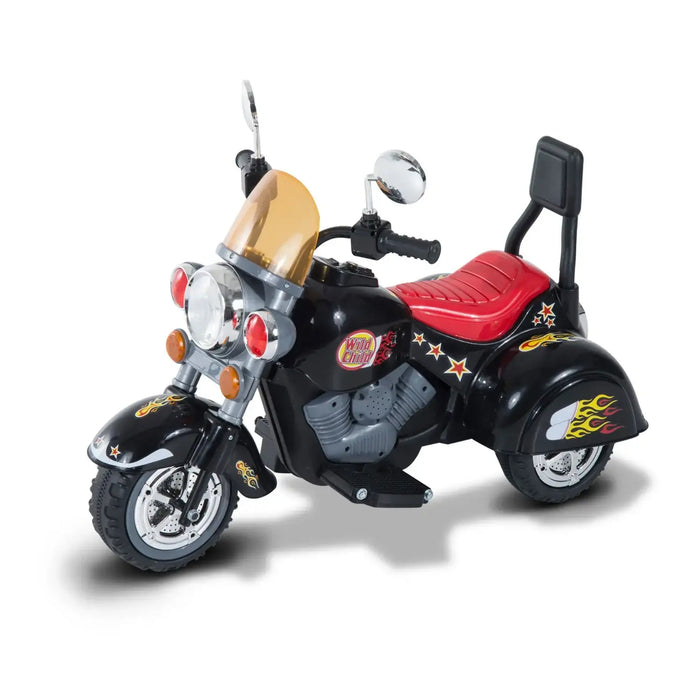 Black retro-style kids electric ride-on motorbike with three wheels, flame decals, and red seat