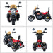 Black retro-style kids electric ride-on motorbike with three wheels, red seat, flame decals
