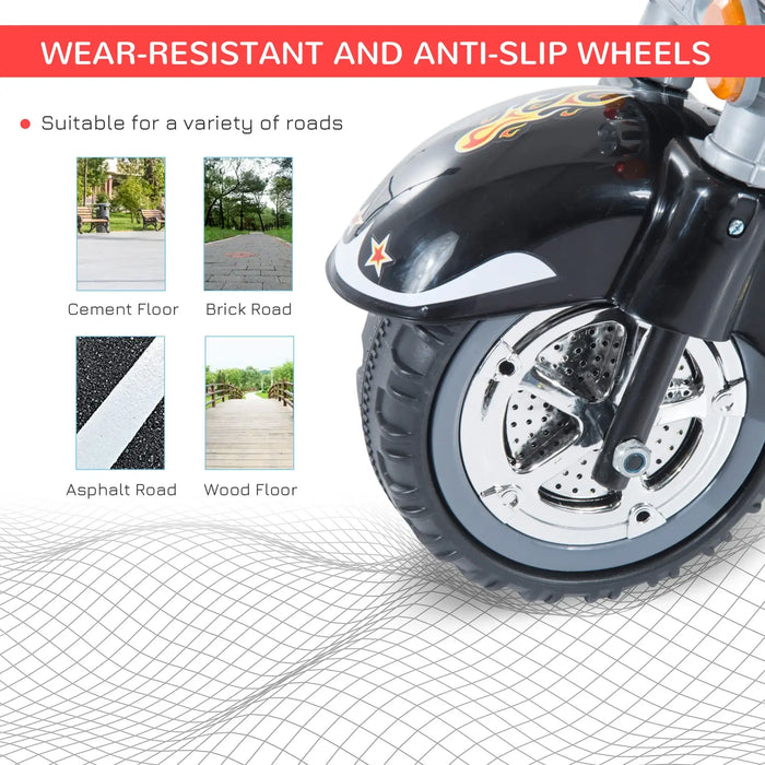 Close-up of kids electric ride-on motorbike front wheel showing anti-slip design and road types.