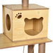 Wooden cat condo with bear-shaped hole entrance and paw print cutout on light natural wood