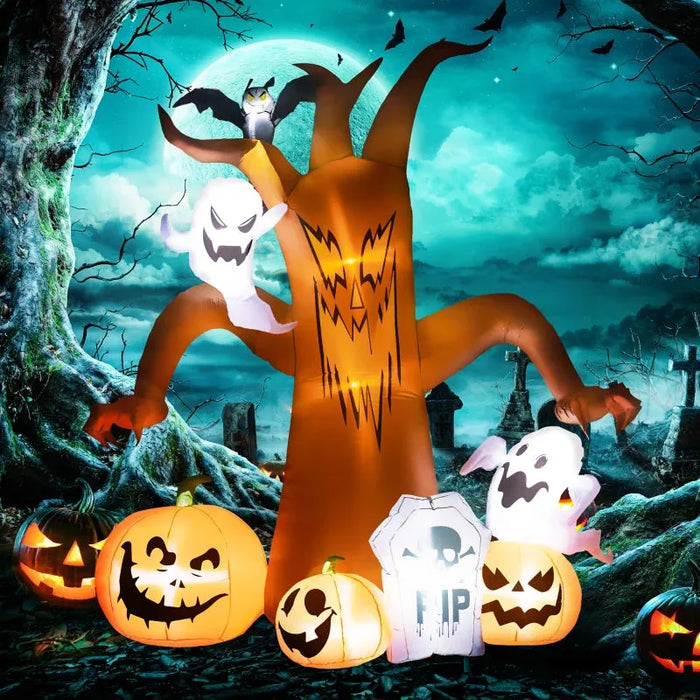 7.9FT Tall Halloween Inflatable Ghost Tree with Pumpkins, White Ghosts and Tombstone - Little and Giant Explorers Outsunny