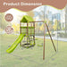 Outdoor wooden playset with green slide and swings featuring detailed product dimensions