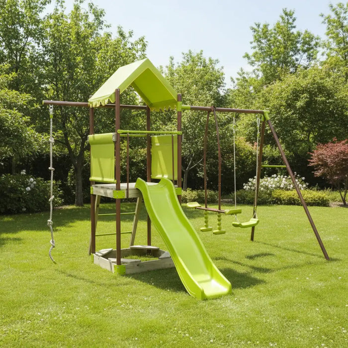 Green and brown outdoor kids playground set with slide, swings, rope ladder in grassy backyard