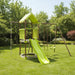 Green and brown outdoor kids playground set with slide, swings, rope ladder in grassy backyard