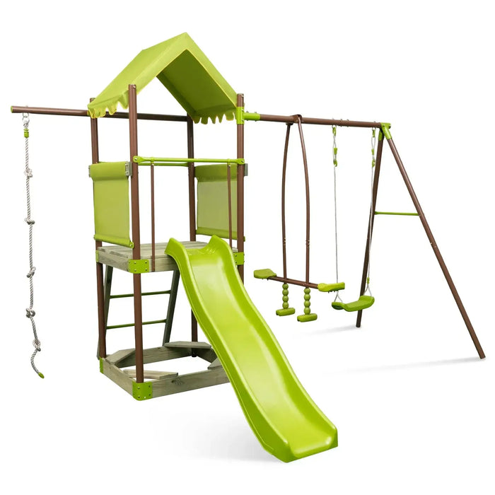 Green and brown wooden kids playground set with slide, swings, and rope ladder