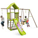 Children playing on green and brown outdoor playground set with slide, swings, rope climbing, and sandbox