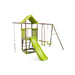 Outdoor wooden playset with green slide, swings, rope ladder, and canopy roof