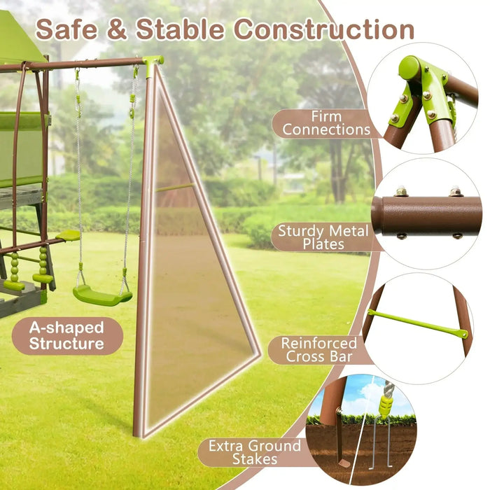 Children's outdoor swing set with green seats and brown A-shaped metal frame highlighting sturdy construction features