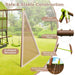 Children's outdoor swing set with green seats and brown A-shaped metal frame highlighting sturdy construction features
