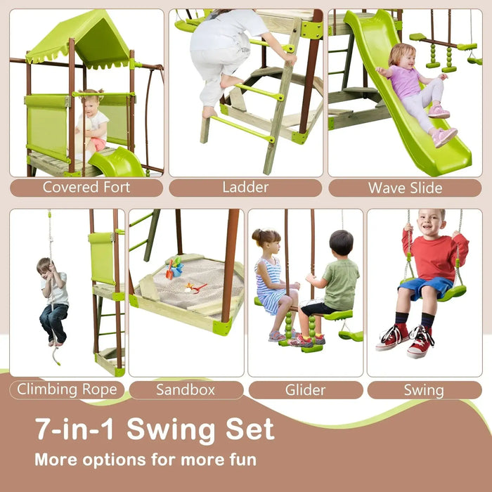 7-in-1 kids swing set with covered fort, ladder, wave slide, climbing rope, sandbox, glider, and swing