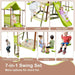 7-in-1 kids swing set with covered fort, ladder, wave slide, climbing rope, sandbox, glider, and swing