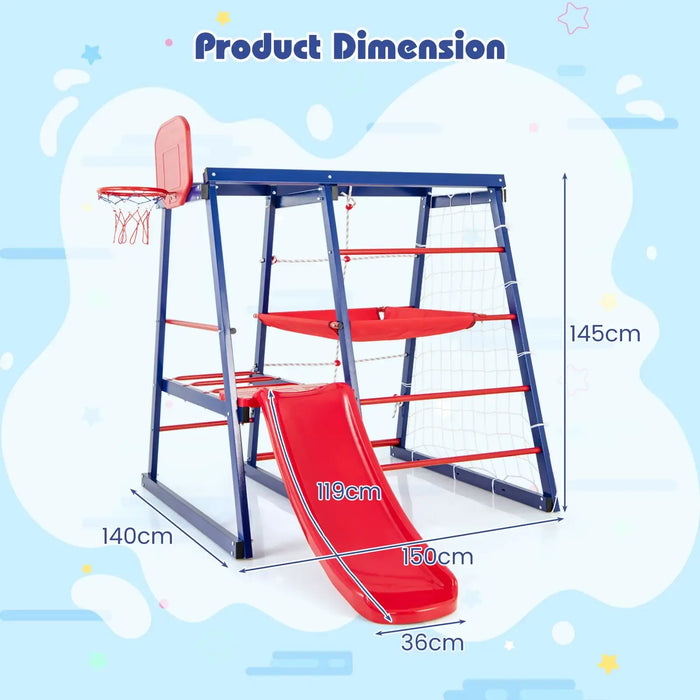7-in-1 kids jungle gym with red slide, basketball hoop, and climbing net, dimensions shown