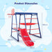 7-in-1 kids jungle gym with red slide, basketball hoop, and climbing net, dimensions shown