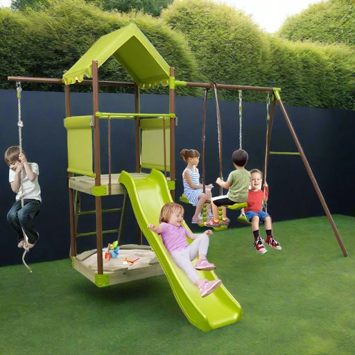 7-in-1 Outdoor Swing Set with Covered Fort, Climbing Rope, Ladder, Slide, Glider, Swing and Sandbox - Little and Giant Explorers Costway