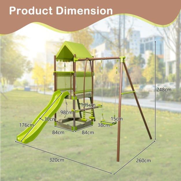 7-in-1 Outdoor Swing Set with Covered Fort, Climbing Rope, Ladder, Slide, Glider, Swing and Sandbox - Little and Giant Explorers Costway