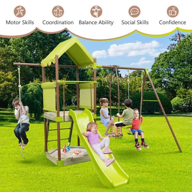 7-in-1 Outdoor Swing Set with Covered Fort, Climbing Rope, Ladder, Slide, Glider, Swing and Sandbox - Little and Giant Explorers Costway