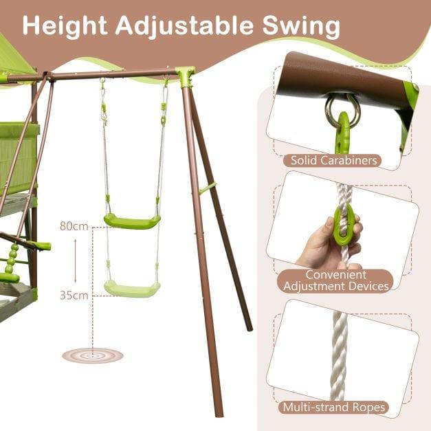 7-in-1 Outdoor Swing Set with Covered Fort, Climbing Rope, Ladder, Slide, Glider, Swing and Sandbox - Little and Giant Explorers Costway