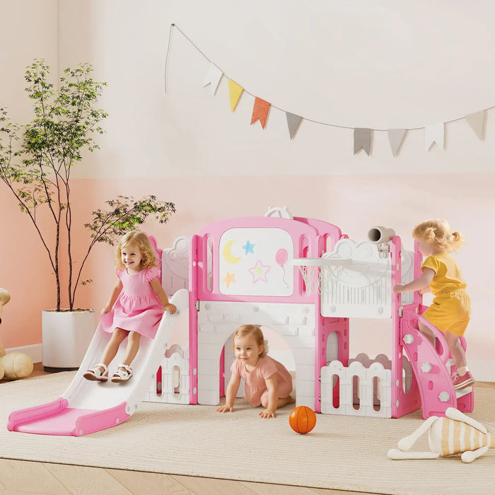 Toddler Slide Set Pink White | 7-in-1 Frog-Themed Play Centre - Little and Giant Explorers AIYAPLAY