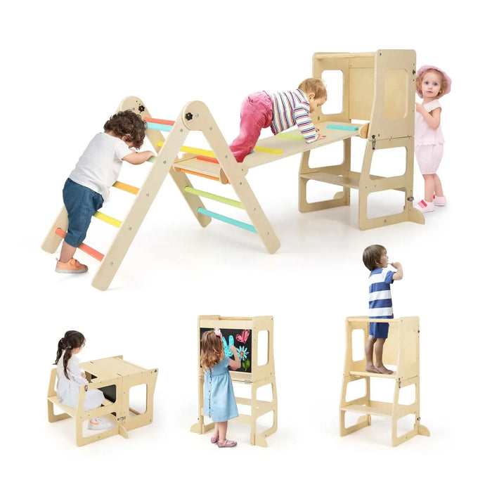 7-in-1 Wooden Kids Climbing Gym Set | Foldable Triangle Ladder and Table Chair Combo COSTWAY - Little and Giant Explorers