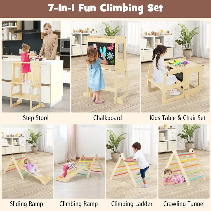 7-in-1 Wooden Kids Climbing Gym Set | Foldable Triangle Ladder and Table Chair Combo COSTWAY - Little and Giant Explorers