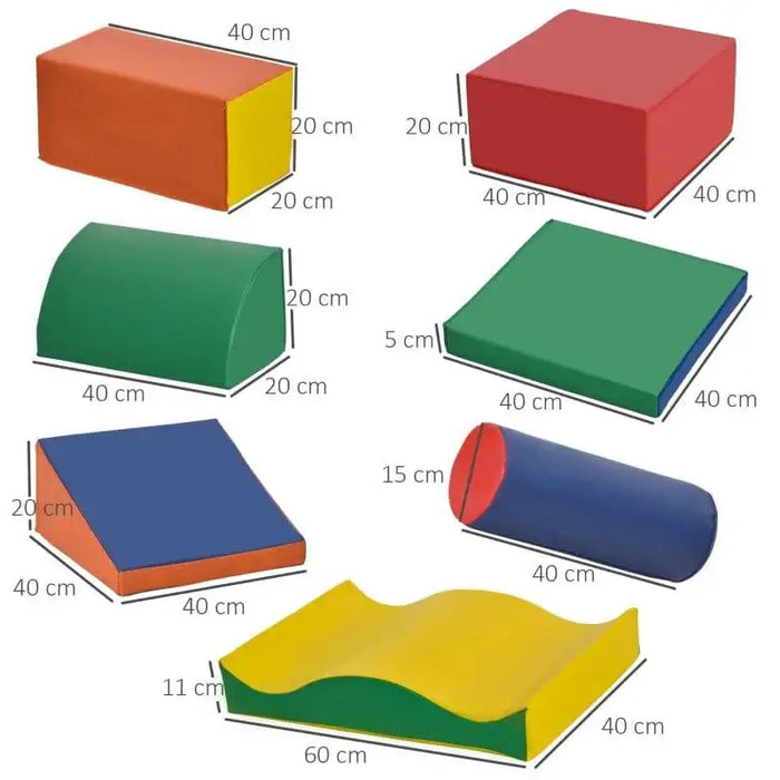 7-piece multicolored foam shape set for kids, various block shapes with size labels.
