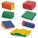 7-piece multicolored foam shape set for kids, various block shapes with size labels.