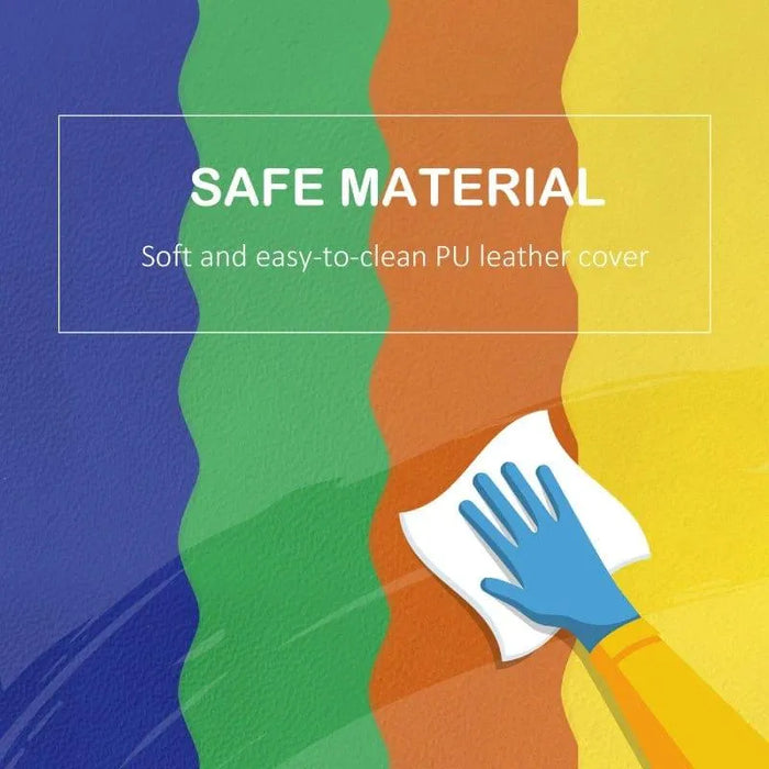 Gloved hand wiping multi-colored PU leather, safe material text, foam shapes background.