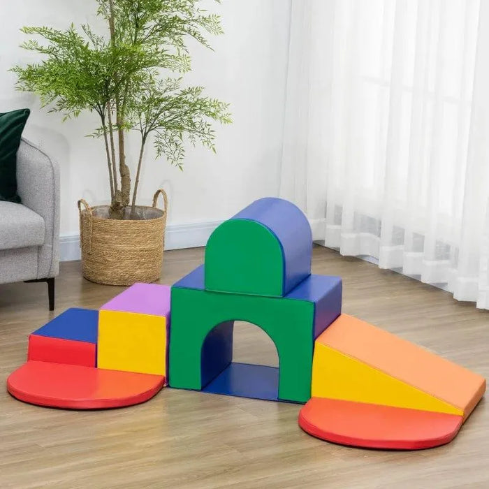 7-piece kids soft playset with colorful geometric foam blocks in a bright living room
