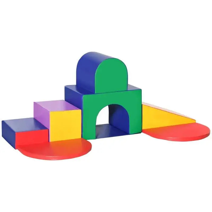 7-piece kids soft play set with colorful geometric foam shapes on a white background