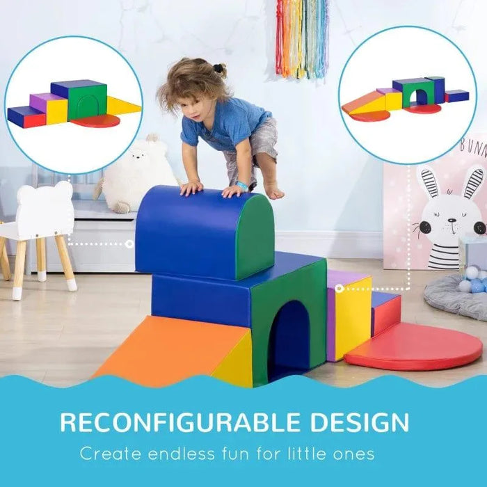 Child climbing multi-coloured 7-piece kids soft playset with geometric foam shapes indoors