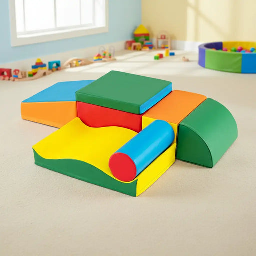 Colorful foam puzzle pieces on a beige floor with toys in the background
