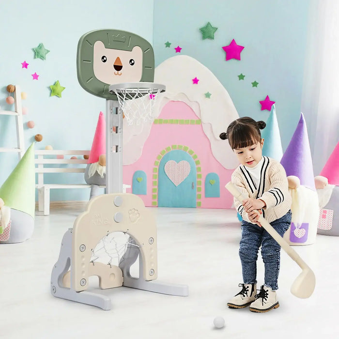 Child playing with sports equipment in a colorful playroom