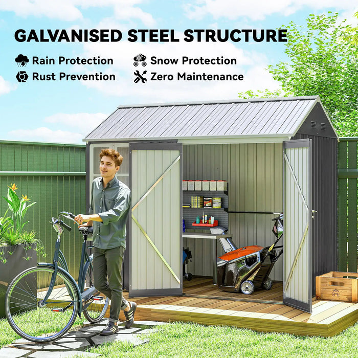 Galvanised steel garden shed with open doors, man with bicycle, lawnmower, tool shelves, and green fence