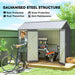 Galvanised steel garden shed with open doors, man with bicycle, lawnmower, tool shelves, and green fence
