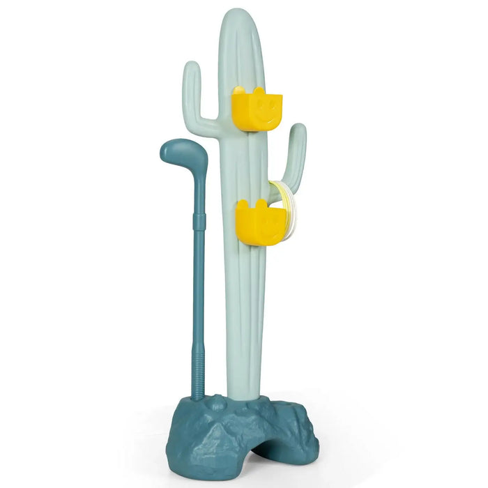 Cactus-shaped toothbrush holder with yellow suction cups on a white background
