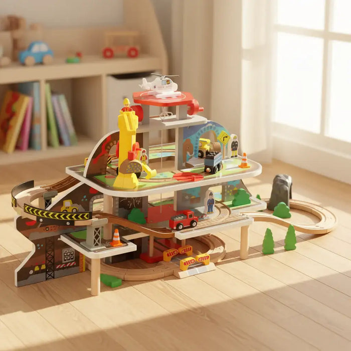 79-Piece Wooden Train Set – Mine Adventure | Manual Lift, Crane and Helipad AIYAPLAY - Little and Giant Explorers